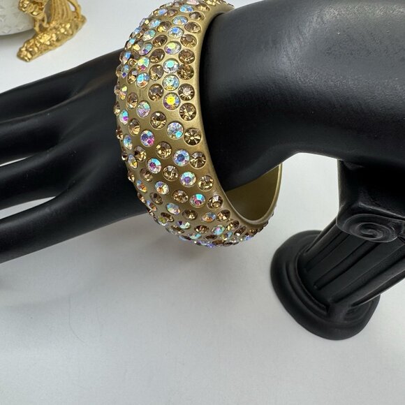 Chunky Gold Lucite Acrylic & AB Rhinestones Encrusted Bangle Bracelet Wide Cute - Picture 4 of 7